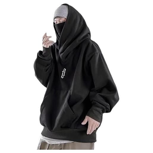 LIXQQS felpa con cappuccio oversize y2k unisex collo alto stile ninja con bottoni laterali e ricamo sottile techwear giapponese alla moda per uomini e donne streetwear hip hop ( color: black-2 , size: 3xl
