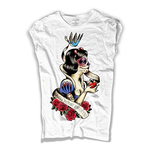 3styler t-shirt donna bianca biancaneve tatuata principessa - snow tattoed princess cartoons - linea amazink - cotone fiammato (slub) 150 gr/mq (l, bianco)