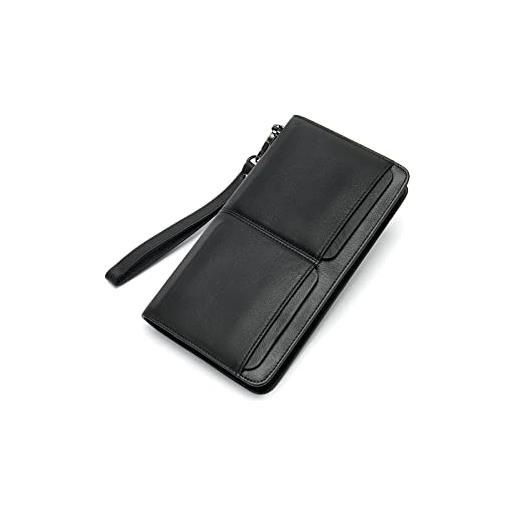 PORRASSO portafoglio pelle uomo pochette portafoglio borsa da viaggio per cellulare lungo portafogli con 11 scomparti per carte nero