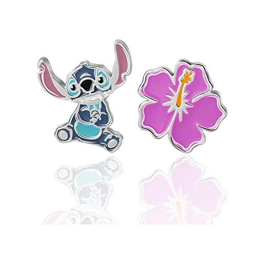 Disney lilo & stitch - orecchini a lobo con fiore e punto non corrispondenti, orecchini Disney jewelry, argento sterling, zirconia cubica
