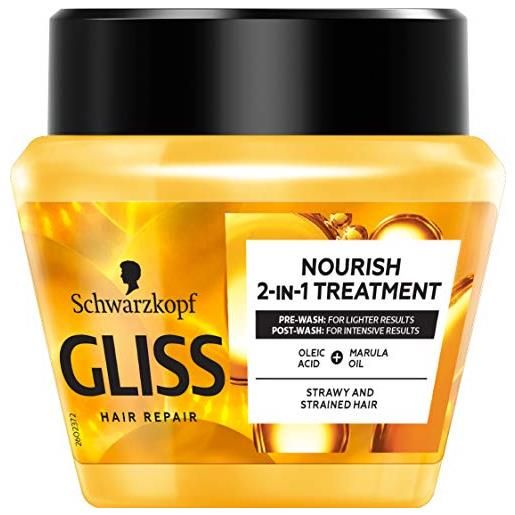 Gliss schwarzkopf zu oil nutritive nourish 2-in-1 treatment maschera nutriente per capelli secchi e tesi, 300 ml