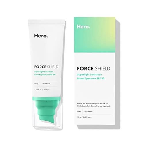 HERO COSMETICS force shield superlight sunscreen spf 30 from hero cosmetics - everyday spf 30 for acne-prone skin with zinc oxide, green surge, and extremolytes, fragrance free and reef safe (50 ml)