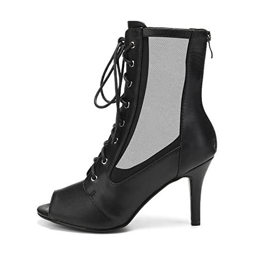 HIPPOSEUS stivali da ballo heels donna nero con punta aperta scarpe da ballo latino americano salsa e bachata con tacco sottile di 8,5 cm, 42 eu