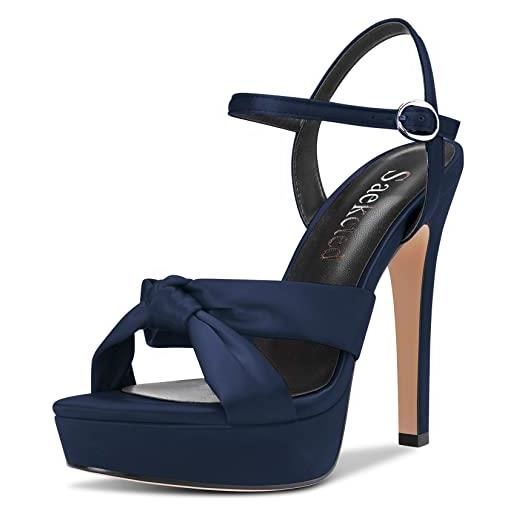 Saekcted donna spillo alto high piattaforma tacco heel aperte sulla punta sandali cinturino alla caviglia slingback 13 cm heels da matrimonio feste blu navy 35 eu