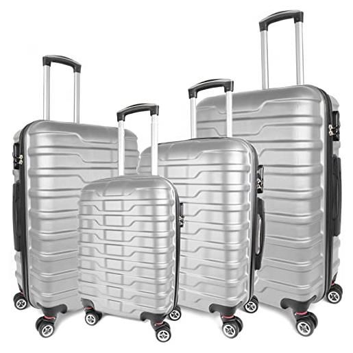 Vacanze Romane set valigie rigide di 4 pezzi in materiale abs, trolley bagaglio a mano leggero di 4 pezzi, valigia rigida con 8 ruote e lucchetto a combinazione (s-xl, argento)
