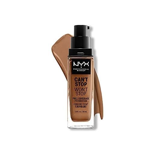 Nyx professional makeup fondotinta, can't stop won't stop full coverage foundation, lunga tenuta, waterproof, finish matte, tonalità: warm caramel