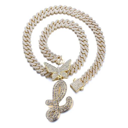Halukakah placcato oro reale 18 carati collana con ciondolo per uomo e donna - oltre 1000 diamanti - catena a maglie cubane - ciondolo con lettera l iniziale farfalla 3d -idea regalo per i propri cari