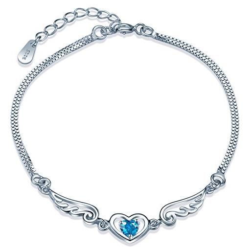 Yumilok - braccialetto in argento sterling 925 con ciondolo a forma di ali d'angelo, a doppia catena, per donne, adolescenti e ragazze