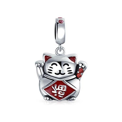 Bling Jewelry gatto giapponese maneki neko fortunata gatto fortunata pendenti goccia per donne smalto rosso. 925 argento adatto a bracciale europeo