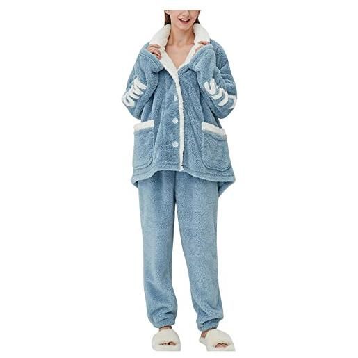 LZPCarra pigiama da donna invernale morbido - tuta da donna invernale in pile teddy per il tempo libero, caldo e morbido in due pezzi, tuta intera in pile, blu, xxl