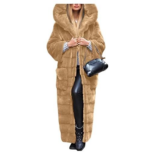 SGSD cappotto di pelliccia da donna con cappuccio, lungo e caldo, in finta pelliccia, da donna, elegante, in pelliccia sintetica, pelliccia sintetica, a001 kaki, s