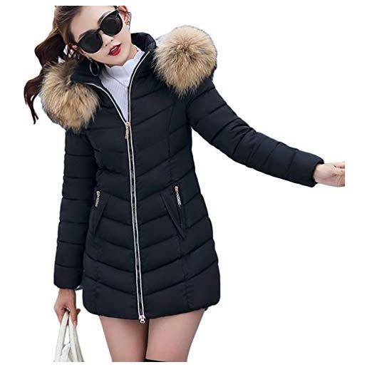 Lvguang inverno donna lungo giacca spessore sottile cappotto imbottito con pelliccia ecologica cappuccio (nero, asia m)