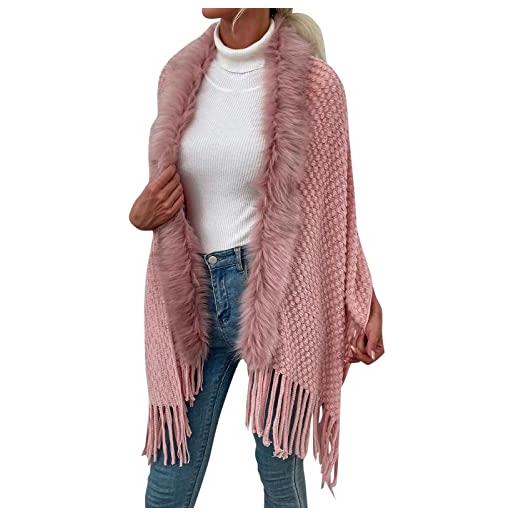 YJLX poncho da donna invernale caldo elegante coperta in cashmere poncho in ecopelle poncho cappotto invernale sciarpa giacca a tracolla regalo per donne compleanno natale colore rosa. L