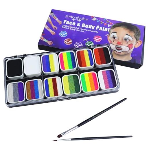 zhuolong kit di pittura per il viso per pittura del corpo, tavolozza professionale a 12 colori lavabile con pennello per bambini mostra d'arte halloween party colsplay makeup body festive