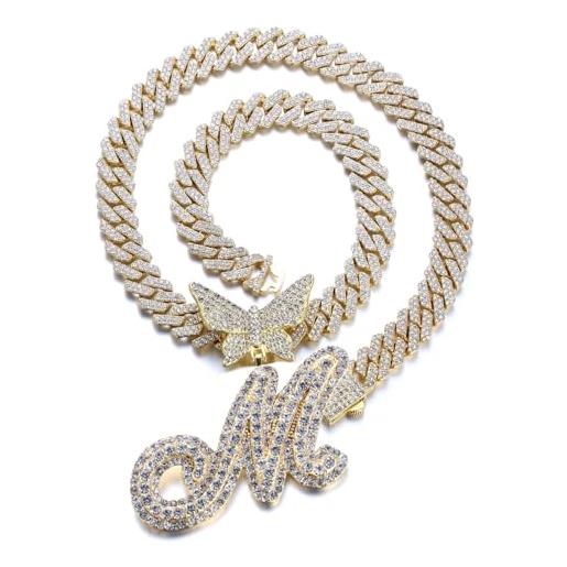 Halukakah placcato oro reale 18 carati collana con ciondolo per uomo e donna - oltre 1000 diamanti - catena a maglie cubane - ciondolo con lettera m iniziale farfalla 3d -idea regalo per i propri cari