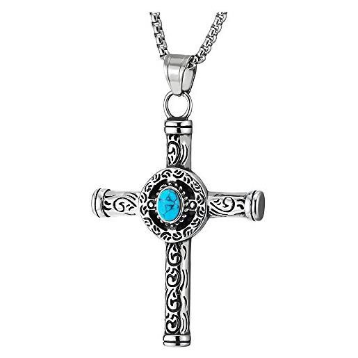 COOLSTEELANDBEYOND annata cerchio croce ciondolo con blu pietre, collana con pendente uomo donna, acciaio inossidabile, catena grano 75cm