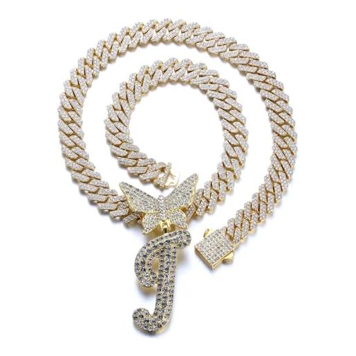 Halukakah placcato oro reale 18 carati collana con ciondolo per uomo e donna - oltre 1000 diamanti - catena a maglie cubane - ciondolo con lettera j iniziale farfalla 3d -idea regalo per i propri cari
