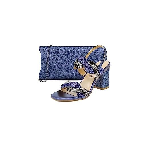 QUEEN HELENA sandali eleganti con tacco medio largo con strass donna zm9010 (scarpa blu con pochette, numeric_40)