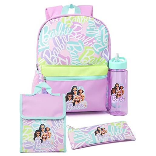 Barbie girls 4 piece zaino set | fashion dolls logo purple rucksack lunch bag pencil case water bottle regali per borse per il ritorno a scuola