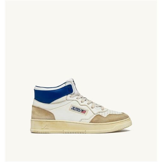 autry sneakers medalist mid super vintage in pelle yellowing bianco e blu