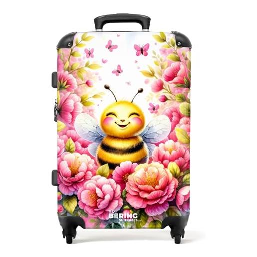 NoBoringSuitcases.com © valigia per bambini valigia da viaggio bagaglio per bambini a 4 ruote, lucchetto tsa (ape sorridente tra fiori rosa), (valigia media 67x43x25 cm)