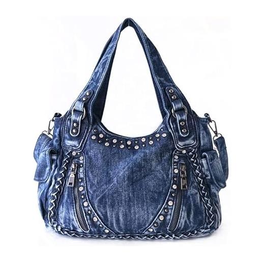 Alice Fan denim hobo bag donne borse jeans borsa a tracolla vintage tessuto rivetto casual tote bag crossbody bag, blu