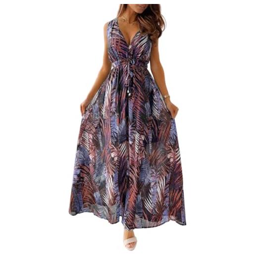 CheChury abito lungo elegante donna estivo, vestito floreale senza maniche maxi, scollo a v, boho casual da spiaggia e vacanze