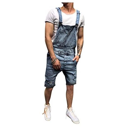 Oanviso salopette corta in denim da uomo tinta unita/foro strappato jumpsuit con cinturino regolabile multi-tasche casual jeans comodo salopette classico vintage abiti da lavoro d blu l