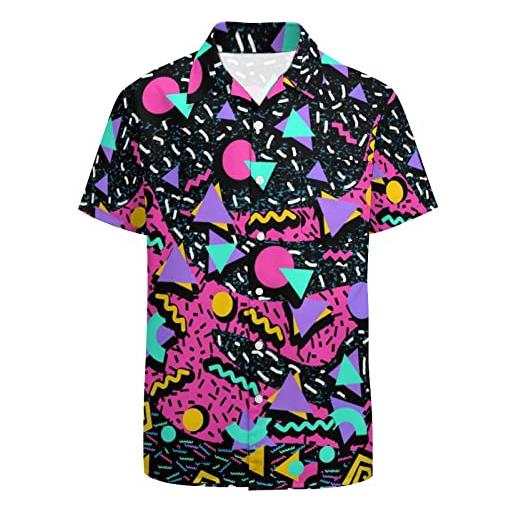 LARSD camicie anni '80 da uomo anni '90 button up camicia vintage retrò hawaiana spiaggia camicia neon discoteca divertente camicia da festa, giallo geometrico anni '80, xl