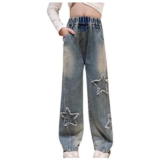 Generic jeans da ragazza e adolescenti, pantaloni cargo baggy, pantaloni a zampa, gamba larga, dritti, jeans baggy, jeans per adolescenti, ragazze, jeans con fori, a, 146-152 cm