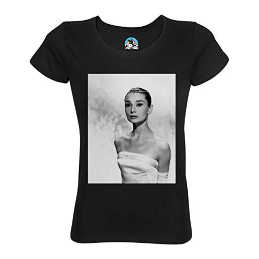 French Unicorn t-shirt donna girocollo cotone bio audrey hepburn attrice hollywood star abito da sera attrice star photo vintage, nero , l