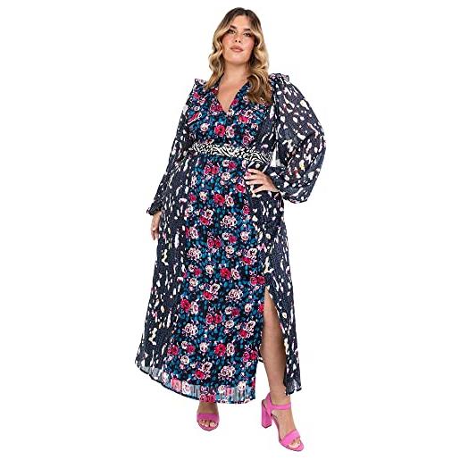 Lovedrobe plus size maxi dress for women ladies with pockets long baloon sleeve slit high waist curve everyday keyhole flowers vestito da cocktail, 18 donna