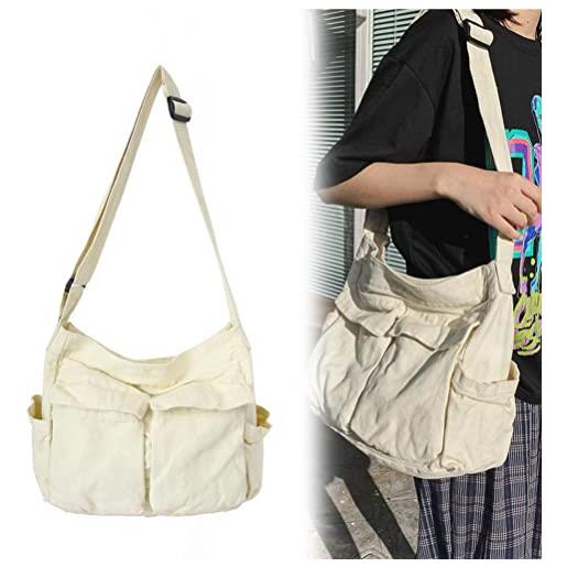 WBTY borsa a tracolla in tela borsa a tracolla hobo di grande capacità con tasche multiple borsa a tracolla in tela per donna uomo(bianco)