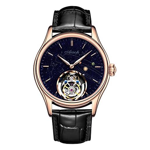 Aesop tourbillon meccanico uomo orologi scheletro tourbillon movimento carica manuale orologi da polso arenaria blu cielo stellato quadrante zaffiro business orologio di lusso 7049(rosa)