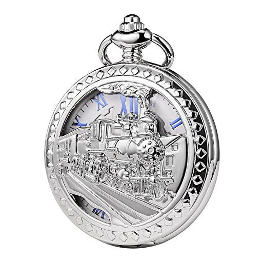 TREEWETO - orologio da tasca con catena, da uomo, analogico, caricamento a mano, decorazione con locomotiva a vapore, numeri romani, argento