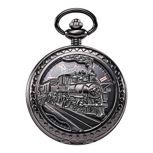 Treeweto - orologio da tasca con catena, da uomo, analogico, caricamento a mano, decorazione con locomotiva a vapore, numeri romani, colore nero