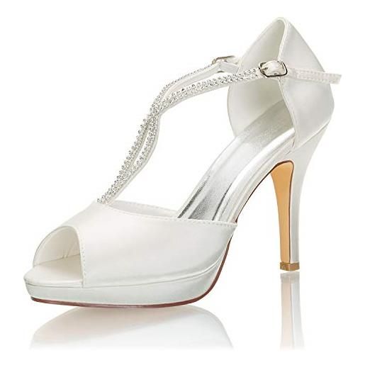 Emily Bridal scarpe da sposa scarpe da sposa con tacco alto tipo t in raso con punta aperta e strass (eu40, avorio)