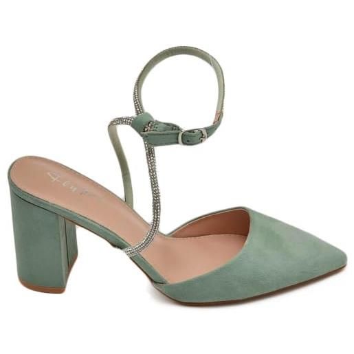 Malu Shoes scarpe decollete donna slingback in camoscio verde salvia aperto tallone cinturino di strass incrociato alla caviglia (38 eu)