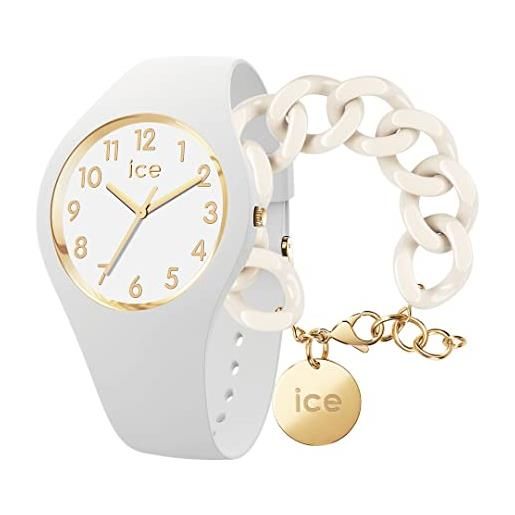 ICE-WATCH glam white gold numbers orologio bianco da donna con cinturino in silicone, 014759 (small) + chain bracelet - almond skin - bracciale in maglia bianca xl da donna con medaglia d'oro (020353)