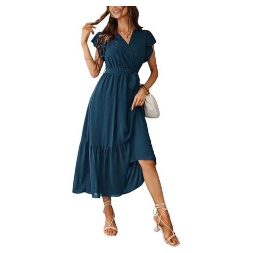 Awemeal abito estivo da donna, elegante, scollo a v, a maniche corte, lungo, abito estivo bohémien, con cintura, orlo con volant, abito avvolgente, abito da spiaggia, linea a, blu mare, s