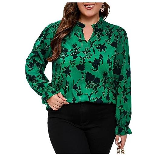 CHAANG top taglie forti da donna plus floral print flounce sleeve blouse (color: gr�n, size: 0xl)