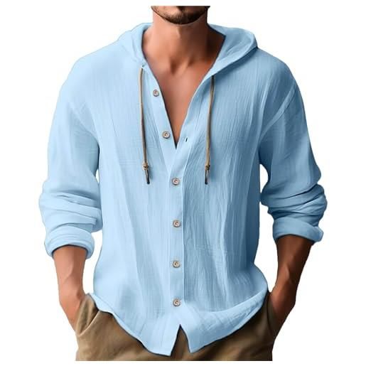 BOTCAM camicia da uomo in lino con cappuccio, leggera, in lino, per il tempo libero, alla moda, per lo sport, per il jogging, per l'estate, per il tempo libero, blau60, xxl