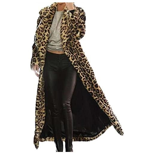 SGSD giacca lunga da donna in pelliccia sintetica leopardata, lunga lunghezza al ginocchio, giacca, giacca, cappotto in pelliccia sintetica, caffè, l