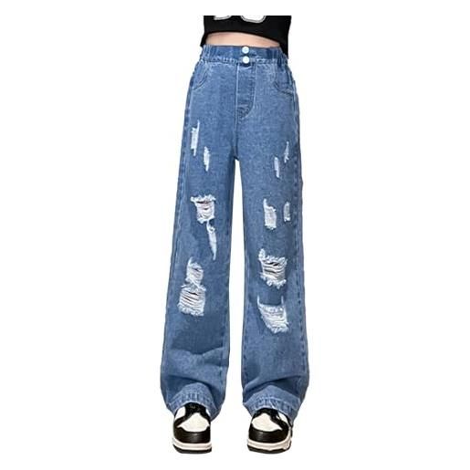 Generic jeans da ragazza, elasticizzati, a vita alta, con gamba larga, in denim y2k baggy jeans per adolescenti, ragazze, a, 146-152 cm