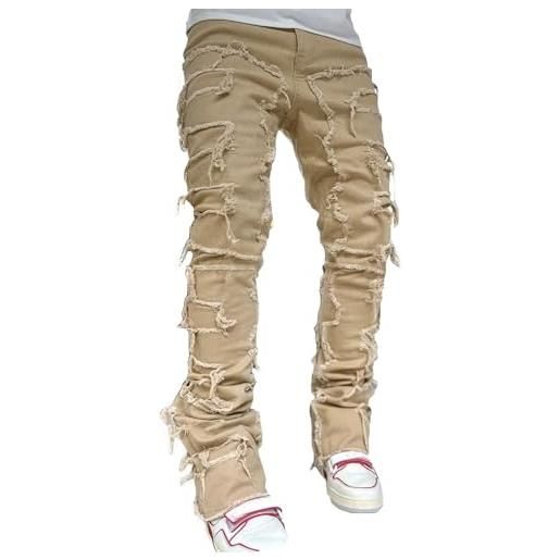 Yokbeer jeans impilati vestibilità regolare da uomo jeans skinny elasticizzati slim fit jeans strappati distrutti pantaloni in denim dritto effetto invecchiato (color: khaki, size: xl)