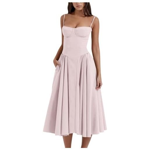 cookx sleeveless corset fit midi dress spaghetti strap bustier midi dress trendy a line dress with pocket (s, pink)