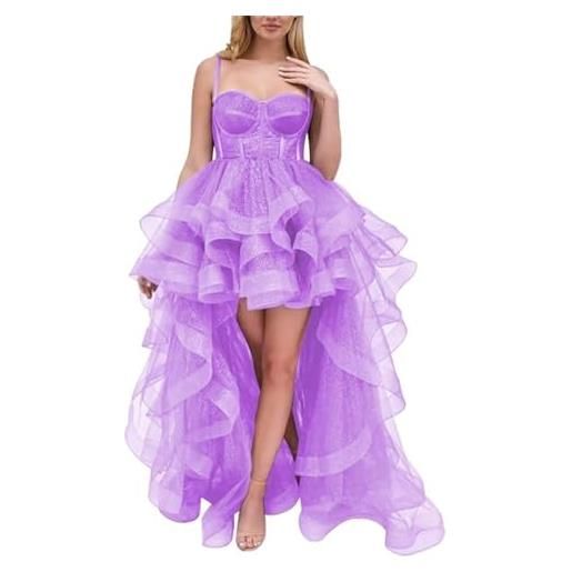 KURFACE tulle prom abiti da spaghetti cinghie abito di sfera a strati increspature alto basso homecoming dress wsx481, lilla, 52 più