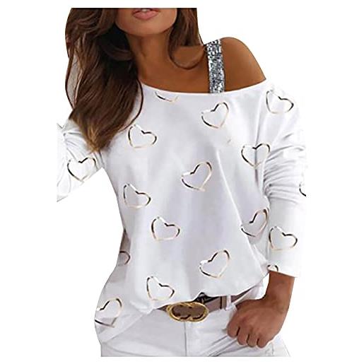 YUNGE maglietta da donna, con spalle scoperte, in seta, a maniche lunghe, con stampa brillante, (#002) bianco, m