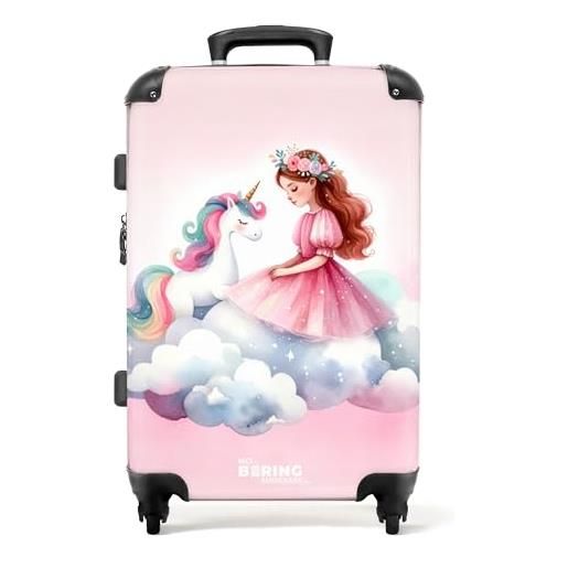 NoBoringSuitcases.com © valigia per bambini valigia da viaggio bagaglio per bambini a 4 ruote, lucchetto tsa (unicorno bianco con criniera arcobaleno su una nuvola), (valigia media 67x43x25 cm)