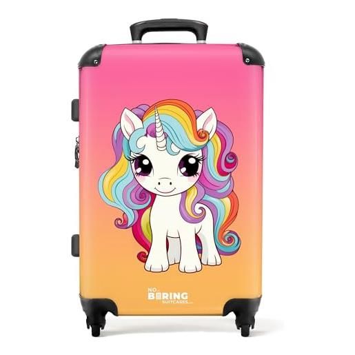 NoBoringSuitcases.com © valigia per bambini valigia da viaggio bagaglio per bambini a 4 ruote, lucchetto tsa (illustrazione di un unicorno bianco con criniera colorata), (valigia media 67x43x25 cm)